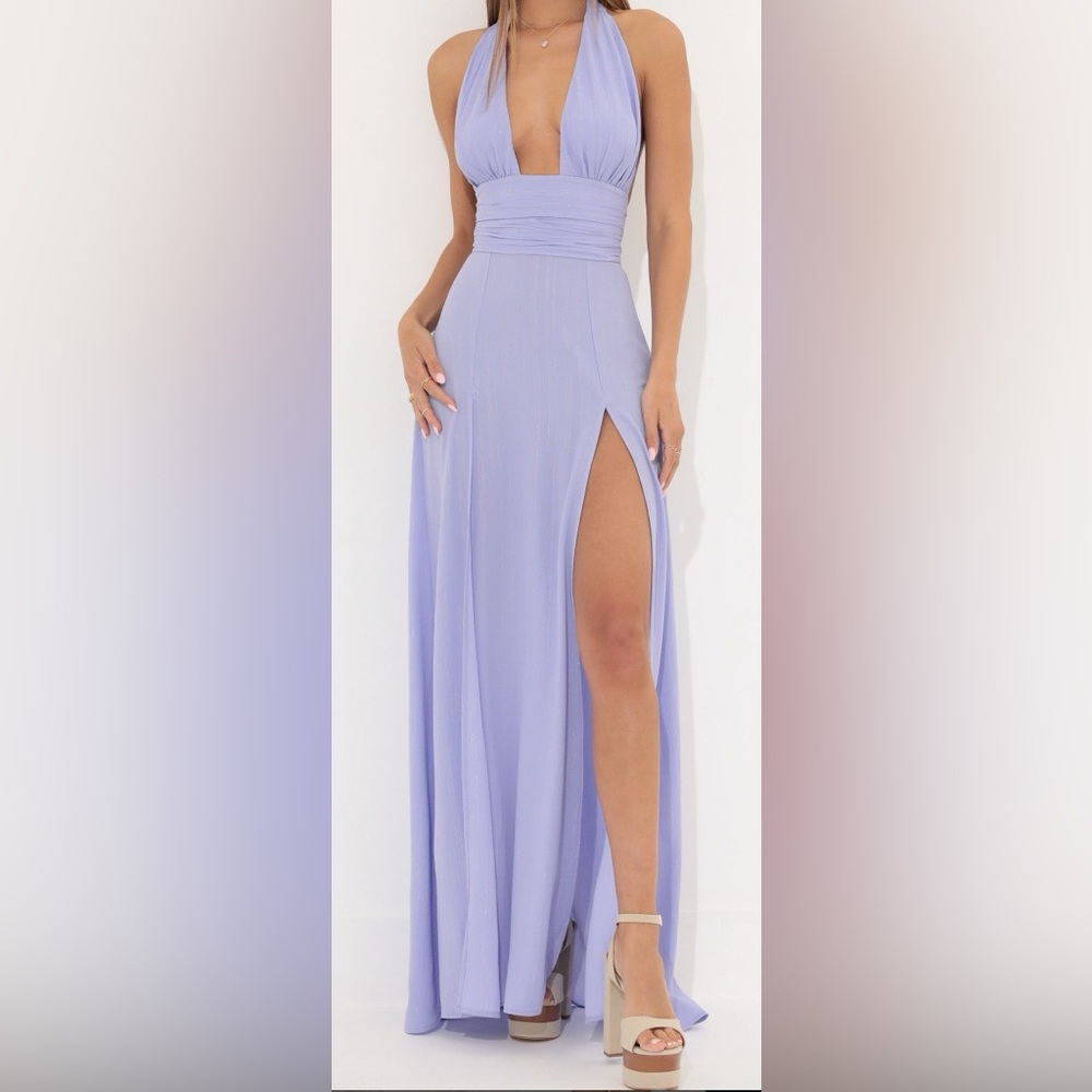 Lucy In the Sky Waverly Crepe Pinstripe Maxi Dress in Purple, size medium